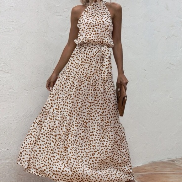 Boho cream brown dot belted halter maxi dress - Picture 7 of 8